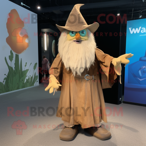 Tan Wizard mascot costume character dressed with a Playsuit and Wraps