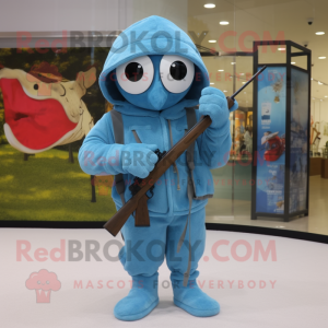 Sky Blue Sniper mascot costume character dressed with a Hoodie and Wallets
