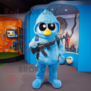 Sky Blue Sniper mascot costume character dressed with a Hoodie and Wallets