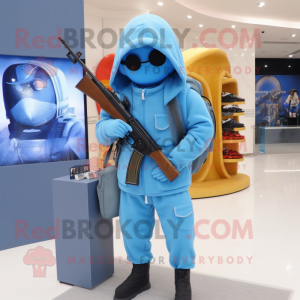 Sky Blue Sniper mascot costume character dressed with a Hoodie and Wallets