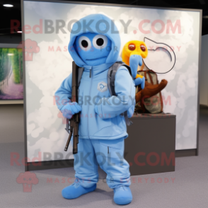 Sky Blue Sniper mascot costume character dressed with a Hoodie and Wallets