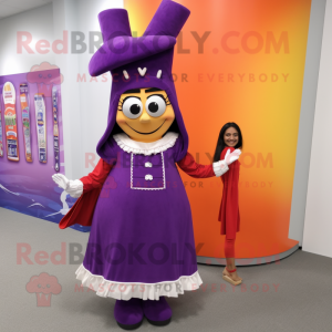 Purple Enchiladas mascot costume character dressed with a Empire Waist Dress and Shoe laces