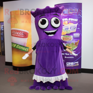 Purple Enchiladas mascot costume character dressed with a Empire Waist Dress and Shoe laces