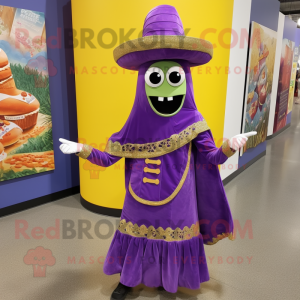 Purple Enchiladas mascot costume character dressed with a Empire Waist Dress and Shoe laces