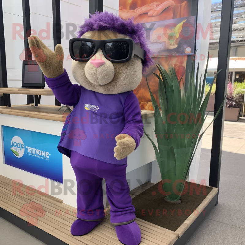 Purple Guinea Pig mascot costume character dressed with a Capri Pants and Sunglasses