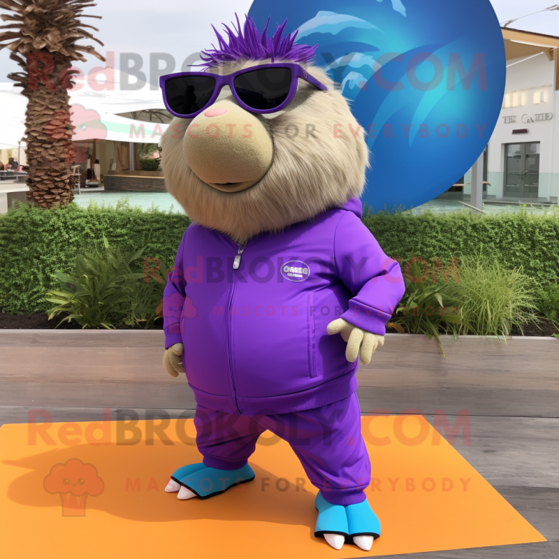 Purple Guinea Pig mascot costume character dressed with a Capri Pants and Sunglasses