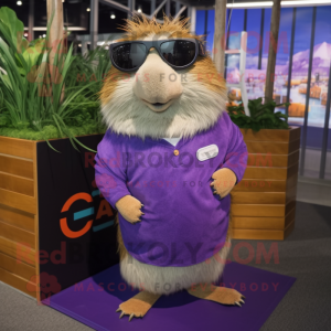 Purple Guinea Pig mascot costume character dressed with a Capri Pants and Sunglasses