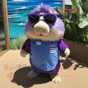 Purple Guinea Pig mascot costume character dressed with a Capri Pants and Sunglasses