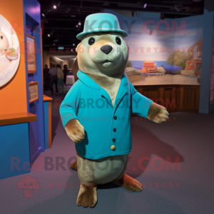 Teal Sea Lion mascot costume character dressed with a Cardigan and Hat pins