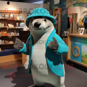 Teal Sea Lion mascot costume character dressed with a Cardigan and Hat pins