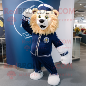 Navy Tamer Lion mascot costume character dressed with a Leggings and Scarves