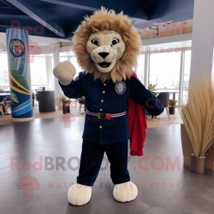 Navy Tamer Lion mascot costume character dressed with a Leggings and Scarves