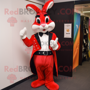 Red Wild Rabbit mascot costume character dressed with a Tuxedo and Belts