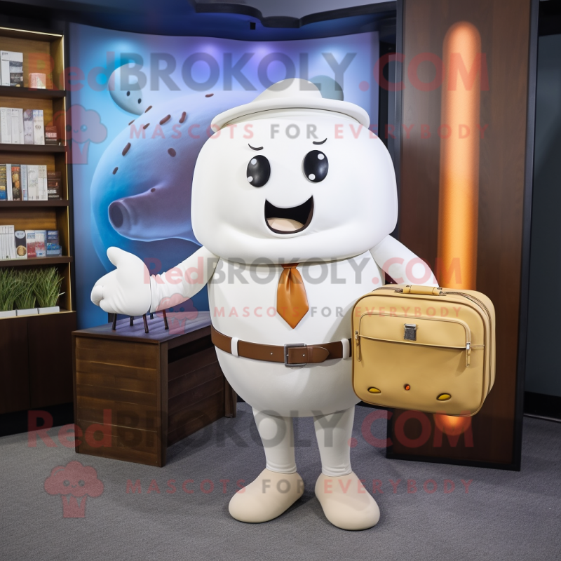 White Bagels mascot costume character dressed with a Chinos and Briefcases White Bagels mascot costume character dressed with a Chinos and Briefcases