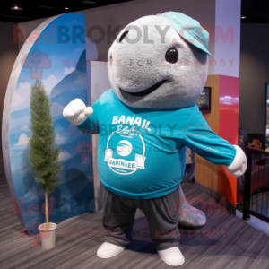 Gray Whale mascot costume character dressed with a Rash Guard and Beanies