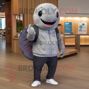 Gray Whale mascot costume character dressed with a Rash Guard and Beanies