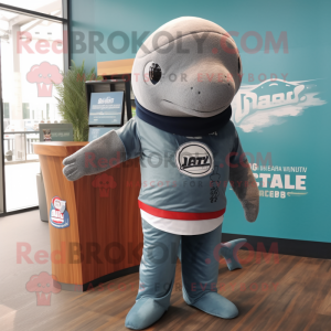 Gray Whale mascot costume character dressed with a Rash Guard and Beanies