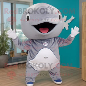 Gray Whale mascot costume character dressed with a Rash Guard and Beanies