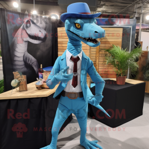 Sky Blue Deinonychus mascot costume character dressed with a Suit and Suspenders
