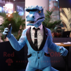 Sky Blue Deinonychus mascot costume character dressed with a Suit and Suspenders