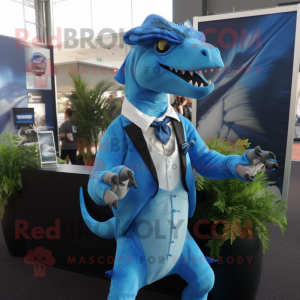 Sky Blue Deinonychus mascot costume character dressed with a Suit and Suspenders
