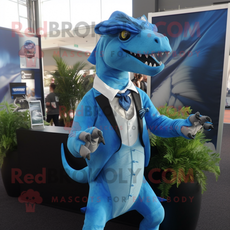 Sky Blue Deinonychus mascot costume character dressed with a Suit and Suspenders Sky Blue Deinonychus mascot costume character dressed with a Suit and Suspenders