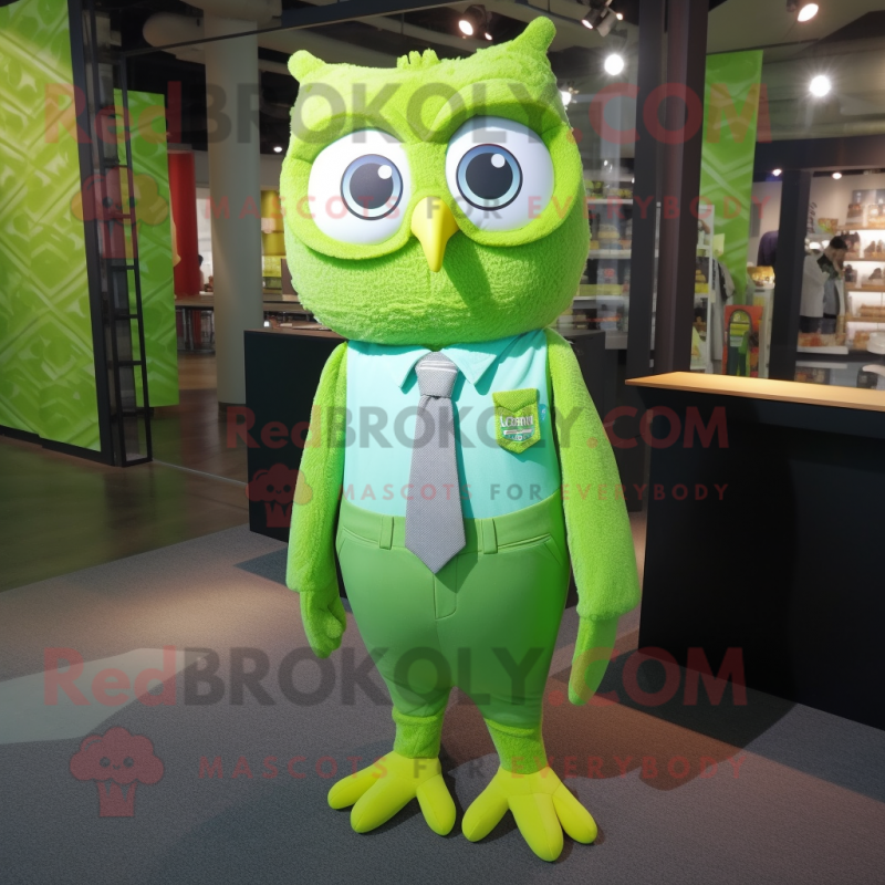 Lime Green Owl mascot costume character dressed with a Button-Up Shirt and Ties Lime Green Owl mascot costume character dressed with a Button-Up Shirt and Ties