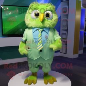 Lime Green Owl mascot costume character dressed with a Button-Up Shirt and Ties