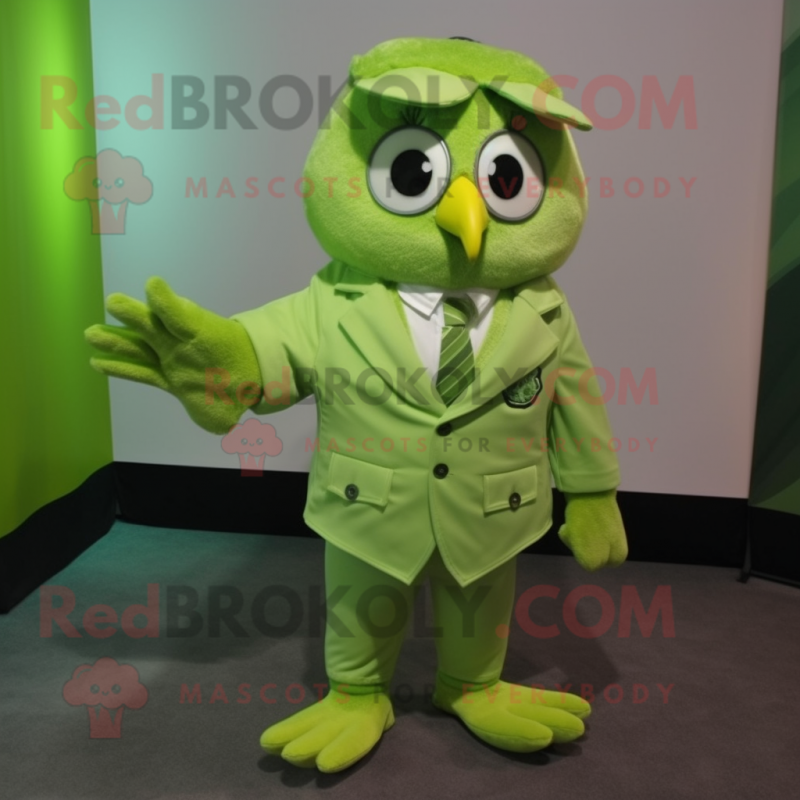 Lime Green Owl mascot costume character dressed with a Button-Up Shirt and Ties