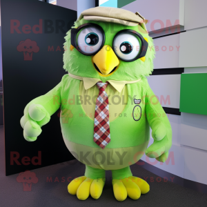 Lime Green Owl mascot costume character dressed with a Button-Up Shirt and Ties