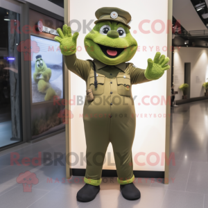 Olive Police Officer mascot costume character dressed with a Jumpsuit and Suspenders