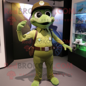 Olive Police Officer mascot costume character dressed with a Jumpsuit and Suspenders