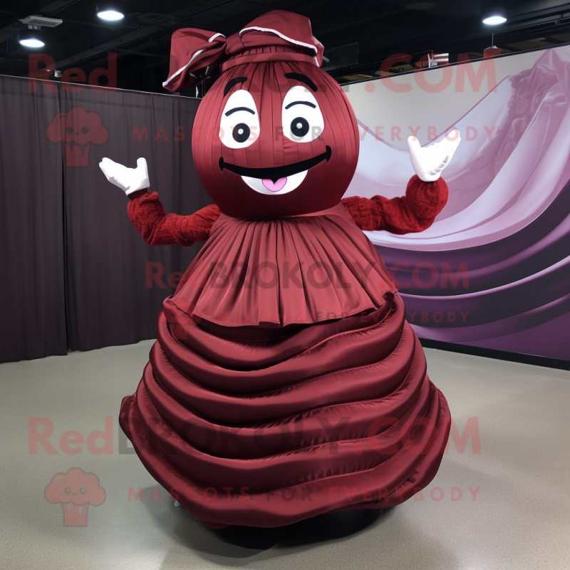 Maroon Contortionist mascot costume character dressed with a Pleated Skirt and Ties Maroon Contortionist mascot costume character dressed with a Pleated Skirt and Ties