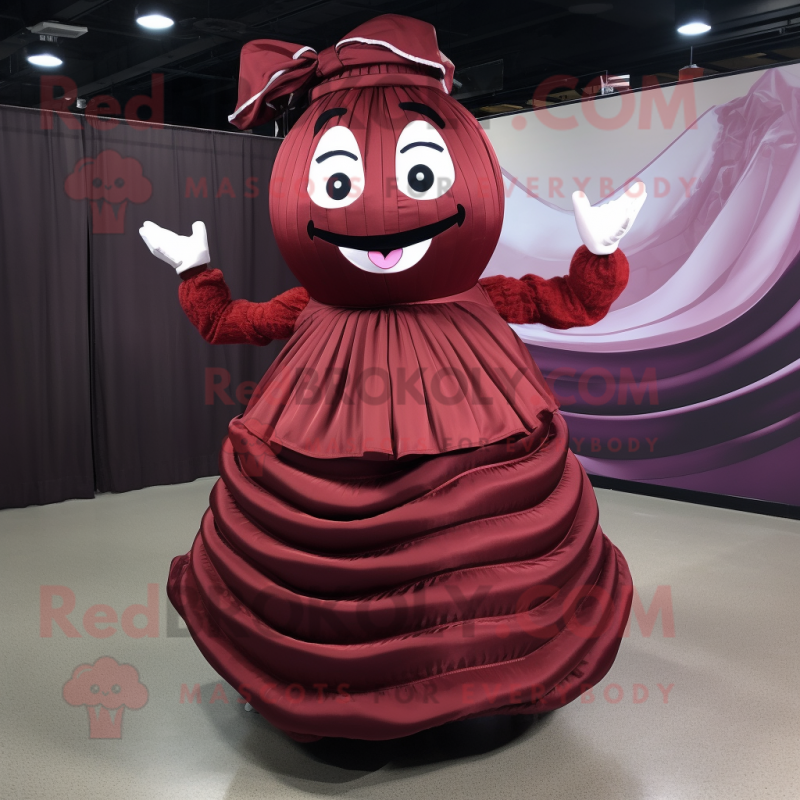 Maroon Contortionist mascot costume character dressed with a Pleated Skirt and Ties