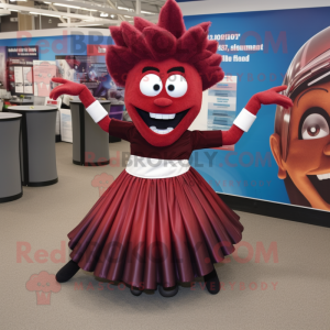 Maroon Contortionist mascot costume character dressed with a Pleated Skirt and Ties