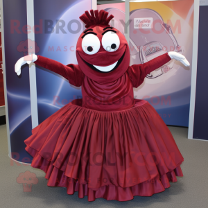 Maroon Contortionist mascot costume character dressed with a Pleated Skirt and Ties