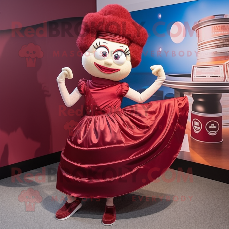 Maroon Contortionist mascot costume character dressed with a Pleated Skirt and Ties Maroon Contortionist mascot costume character dressed with a Pleated Skirt and Ties