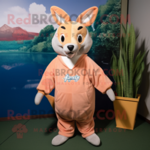 Peach Kangaroo mascot costume character dressed with a Hoodie and Hat pins