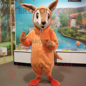 Peach Kangaroo mascot costume character dressed with a Hoodie and Hat pins
