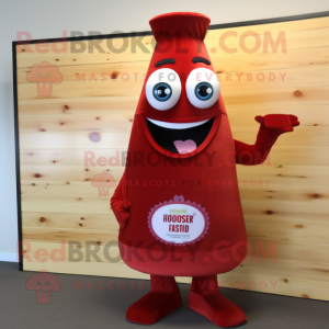 Maroon Bottle Of Ketchup mascot costume character dressed with a Flare Jeans and Earrings