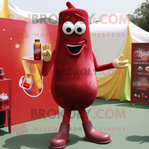 Maroon Bottle Of Ketchup mascot costume character dressed with a Flare Jeans and Earrings