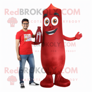 Maroon Bottle Of Ketchup mascot costume character dressed with a Flare Jeans and Earrings