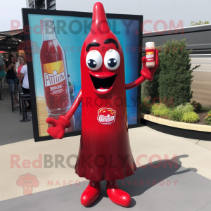 Maroon Bottle Of Ketchup mascot costume character dressed with a Flare Jeans and Earrings