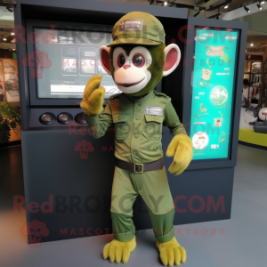 Olive Monkey mascot costume character dressed with a Jeans and Digital watches