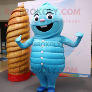 Sky Blue Croissant mascot costume character dressed with a Turtleneck and Tie pins