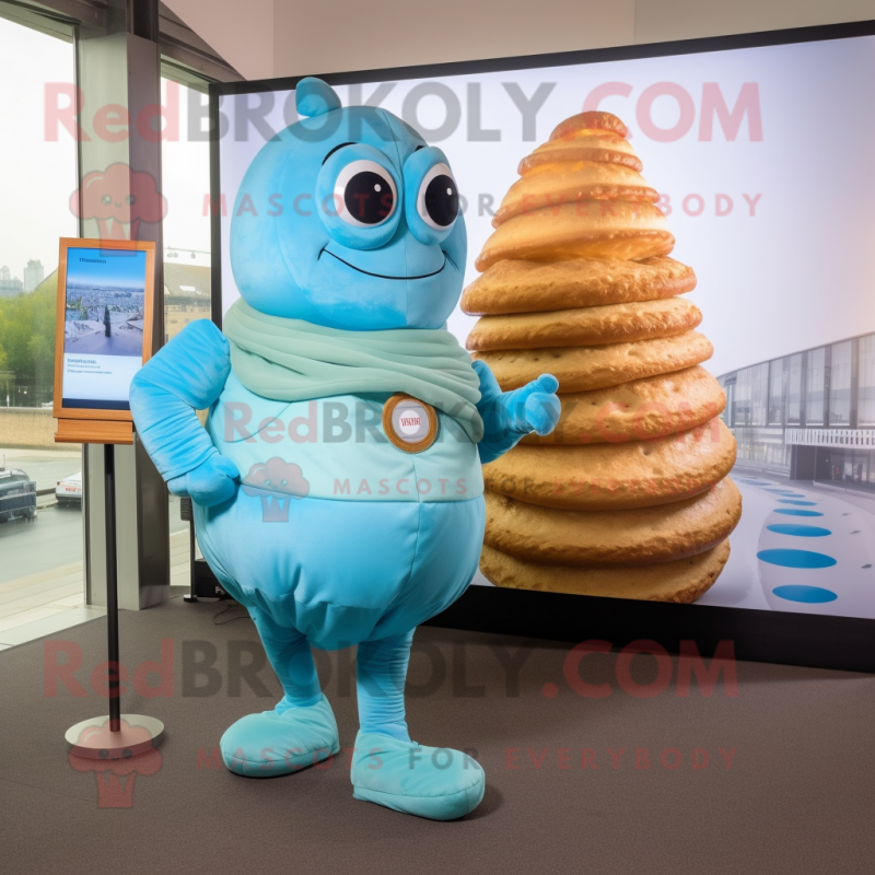 Sky Blue Croissant mascot costume character dressed with a Turtleneck and Tie pins Sky Blue Croissant mascot costume character dressed with a Turtleneck and Tie pins
