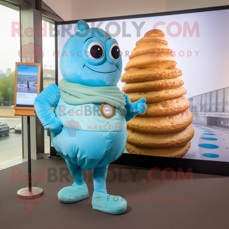 Sky Blue Croissant mascot costume character dressed with a Turtleneck and Tie pins