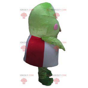 Mascotte della rana verde molto divertente in rosso e bianco -