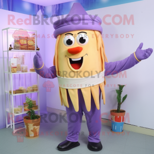 Lavender French Fries mascot costume character dressed with a Capri Pants and Wraps