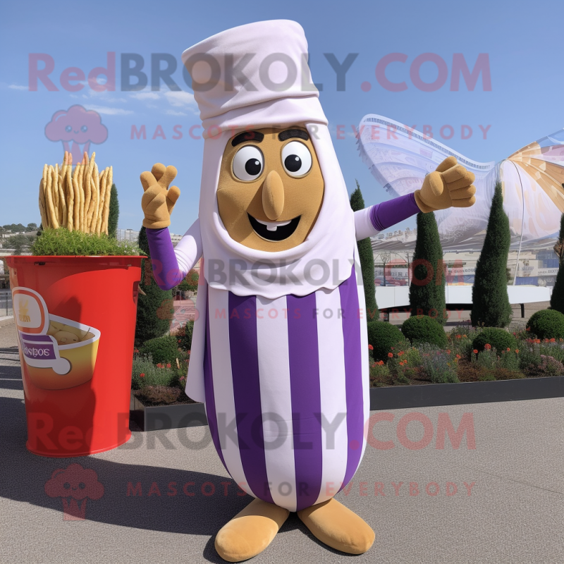 Lavender French Fries mascot costume character dressed with a Capri Pants and Wraps Lavender French Fries mascot costume character dressed with a Capri Pants and Wraps